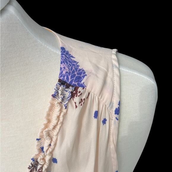 Free People Size Medium Powder Pink Floral Tiered Ruched Trim Empire Waist Tunic - Picture 3 of 13